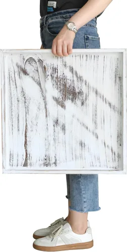 Vista 27 de Gurfuy Bandeja de madera rústica de 20 pulgadas para servir – Bandeja redonda extragrande para mesa de café decorativa de granja de gran