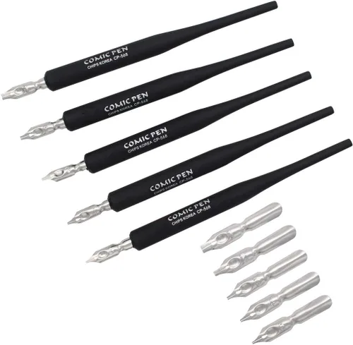 Vista 3 de Juego de bolígrafo de plástico profesional de manga gótica con 5 puntas, juego de bolígrafos de dibujo de caligrafía de manga, 5 piezas, color negro