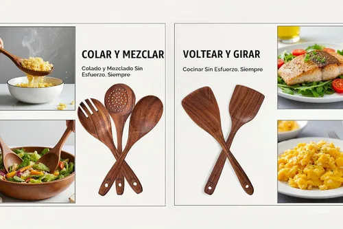 Vista 4 de Cucharas de madera para cocinar, utensilios de madera de teca de 6 piezas, juego de utensilios de cocina duraderos resistentes al calor, sin