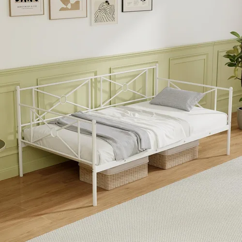 Vista 4 de KOMFOTT Marco de cama de metal de tamaño individual, plataforma de soporte de listones de acero resistente, sofá cama multifuncional con cabecero