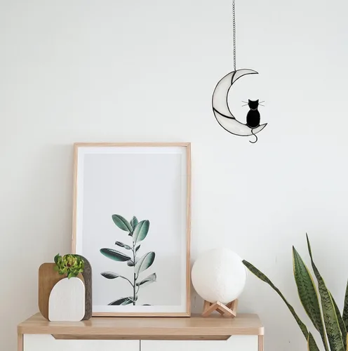 Vista 6 de Decoración de gato negro en luna blanca con vitrales colgantes para ventanas, paneles de ventanas, atrapasoles, adorno de Halloween, regalo