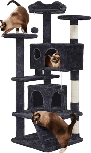Vista 21 de Yaheetech - Torre de árbol para gatos de 62 pulgadas, torre para gatitos de interior, muebles para mascotas con doble refugio, postes para rascar