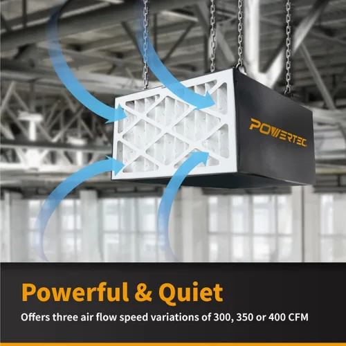 Vista 4 de POWERTEC Sistema de filtración de aire controlado a distancia de 3 velocidades para carpintería (300/350/400 CFM), filtro de aire colgante