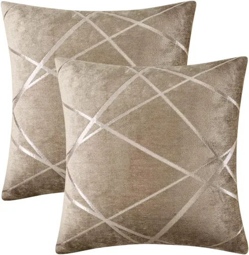 Vista 2 de GIGIZAZA - 2 paquetes de fundas de cojín de chenilla con rayas plateadas de jacquard para decoración de sofá