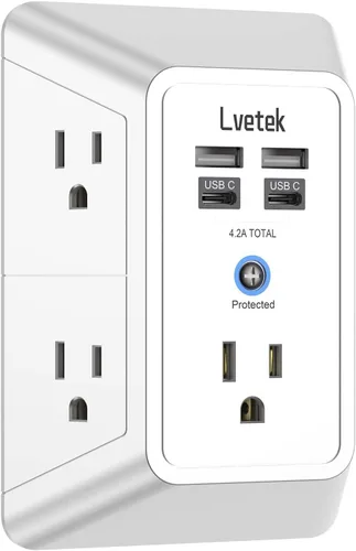 Vista 29 de Extensor de tomacorriente, protector de sobretensiones con 5 enchufes múltiples y 4 puertos USB (2 USB C), cargador de pared de regleta