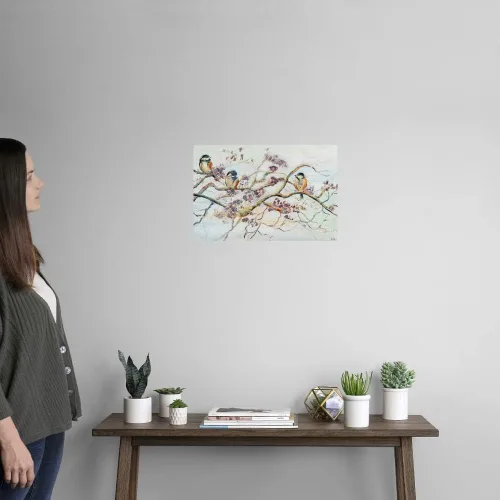 Vista 2 de Vinilo decorativo para pared, diseño de pájaros en flor de cerezo