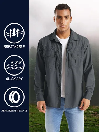 Vista 7 de TACVASEN Camisa de pesca para hombre, camisa de manga larga de secado rápido, camisa táctica con botones, camisa de trabajo ligera safari