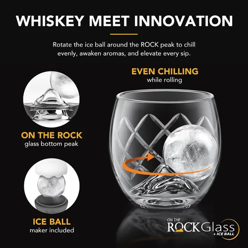 Vista 4 de Final Touch On The Rock Glass con molde de bola de hielo y jigger de medición, eleva tu experiencia de whisky, whisky y bourbon Movimiento