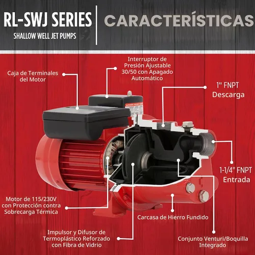 Vista 3 de Red Lion RL-SWJ50 1/2 HP, 12.6 GPM Bomba de chorro de pozo poco profundo de hierro fundido de doble voltaje (115/230 voltios), roja, 97080502