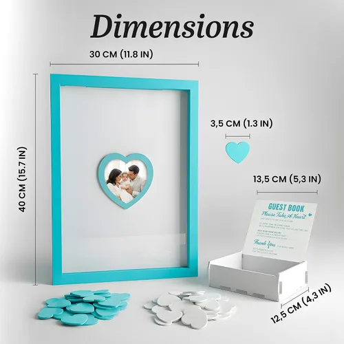 Vista 3 de Libro de invitados de boda azul alternativo para recepción con corazones de madera, un marco, decoración de libros, recuerdos para boda, ideas