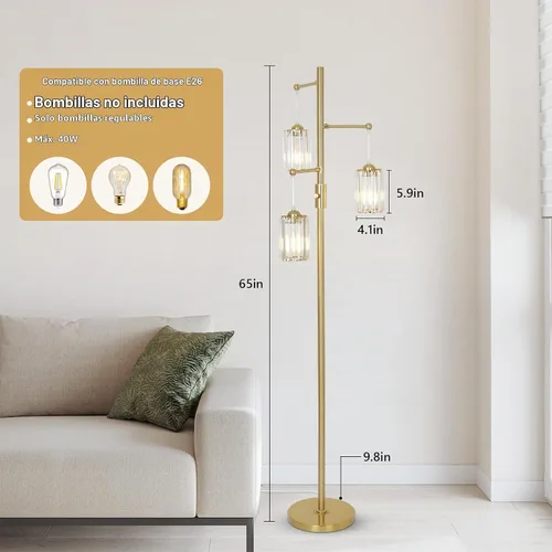 Vista 5 de Lámparas de pie de cristal dorado para sala de estar, 3 luces regulables, lámpara de pie moderna con pantalla de cristal, interruptor de atenuación