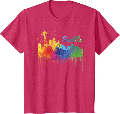 Vista 50 de Seattle Washington Skyline Watercolor Souvenir Seattle Camiseta, Negro