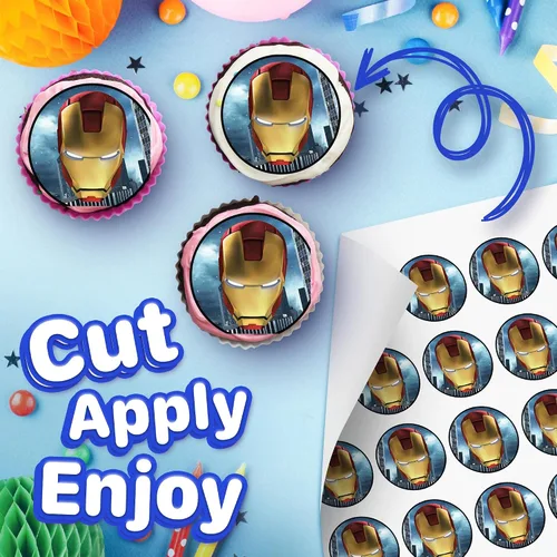 Vista 2 de 30 adornos comestibles para cupcakes con temática de Iron Man, colección de decoraciones comestibles para tartas, sin cortar comestibles en hoja