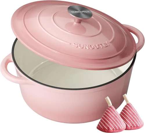 Vista 12 de Horno holandés de hierro fundido esmaltado, olla de 7.5 cuartos de galón con tapa y agarraderas de algodón, utensilios de cocina resistentes