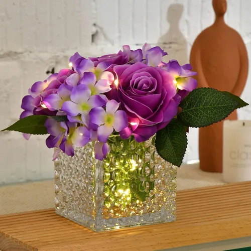 Vista 11 de Arreglo de centro de mesa de rosa artificial de seda en florero de vidrio con luz LED para decoración de bodas en el hogar (Negro)