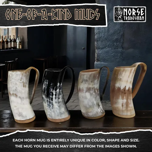 Vista 4 de Norse Tradesman LG Viking Cuerno para Beber - Jarra de Cuerno de Cerveza 100% Auténtica con Fondo de Madera Dura y Grabados de Anillos The