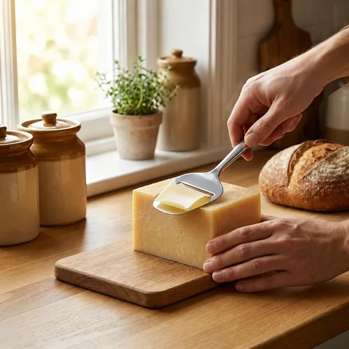 Vista 9 de TOPULORS Cortadora de queso de acero inoxidable de alta calidad, afeitadora antiadherente para rebanadas uniformes, espátula de mano para queso