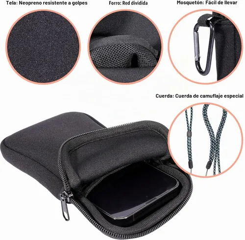 Vista 3 de Pwsap Calcetín para teléfono, bolsa de neopreno universal resistente a golpes e impactos con mosquetón y correa de cordón, funda para senderismo