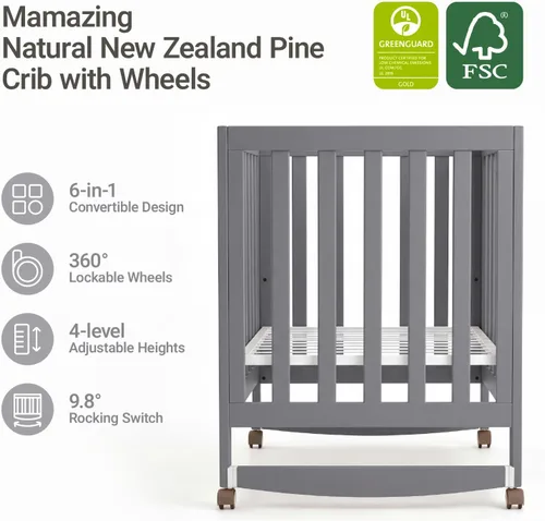 Vista 2 de MAMAZING EvoNest - Mini cuna convertible para bebé con ruedas, certificado GREENGUARD Gold, 4 alturas de colchón ajustables, 100% madera de pino