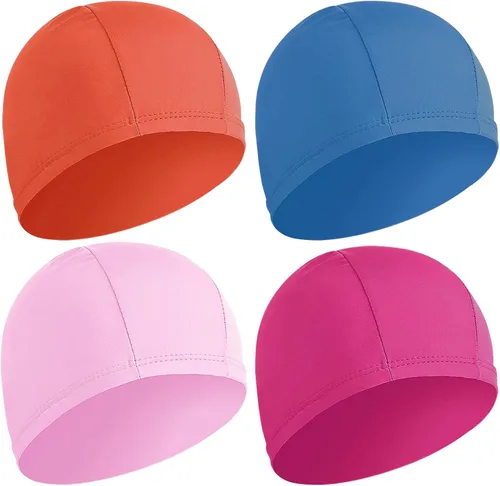 Vista 10 de 4 gorras elásticas de natación para mujeres, hombres y niños, tela duradera, no impermeable, gorra de piscina elástica 2 negro y 2 azul
