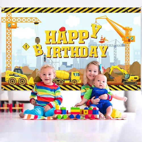 Vista 5 de Irenare Fondo de construcción feliz cumpleaños camión volquete fondo excavadora grúa fiesta de cumpleaños banner excavadora excavadora camión fondo