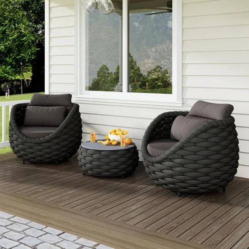 Vista 37 de Juego de muebles de patio de aluminio de 3 piezas: cuerda tejida a mano para conversación al aire libre, juego de 2 cojines modernos montados, juego