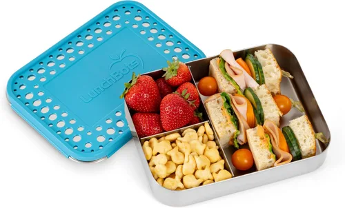 Vista 2 de LunchBots Recipiente de Almuerzo Grande Trio de Acero Inoxidable - Diseño de Tres Secciones para Sándwich y Dos Acompañamientos - Caja de Almuerzo