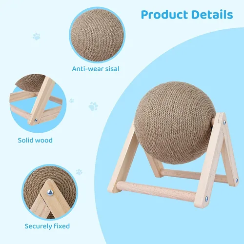 Vista 3 de BATTIPAW Rascador de gato, bola rascador de conejo, rascador de sisal natural, bola giratoria para gatos, juguete rascador de madera maciza