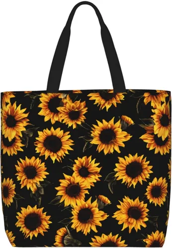 Vista 13 de Bolsa de mano de girasoles negros para mujer, bolsas reutilizables para compras de comestibles con cremallera, bolsa de hombro casual Hojas de otoño