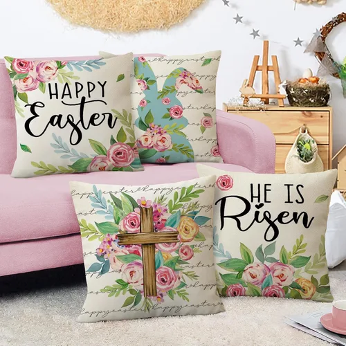 Vista 7 de Fahrendom Happy Easter Bunny - Juego de 4 fundas de almohada decorativas cristianas de 16 x 16 pulgadas, diseño de conejo religioso, cruz religiosa