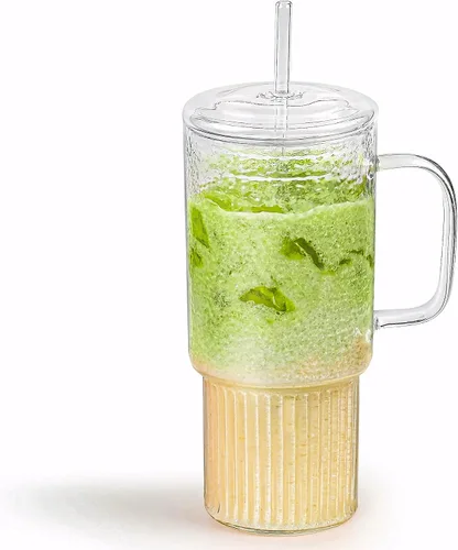 Vista 9 de Vasos de vidrio de 32 onzas con asa y tapas de bambú y pajitas, paquete de 2 vasos de vidrio de borosilicato para café helado, batidos, bebidas