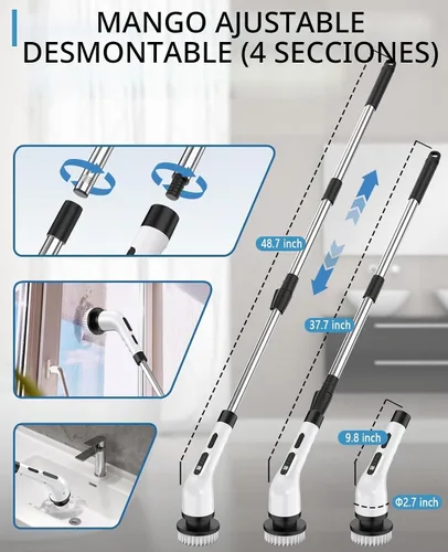 Vista 6 de Limpiador eléctrico giratorio inalámbrico – 3 velocidades recargable, mango ajustable y desmontable, cabezales de cepillo 9 en 1, cepillos