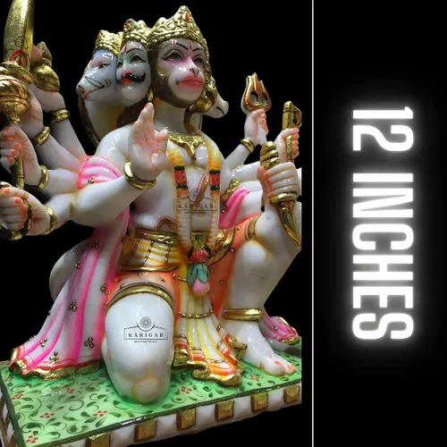 Vista 4 de Estatua de Hanuman Murti de 12 pulgadas de hoja de oro grande Panchmukhi Hanuman mármol bendición 5 caras Hanuman figura Hanuman mono hindú dios