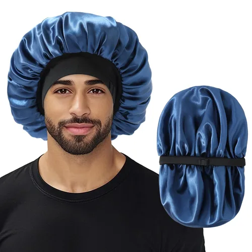 Vista 14 de Gorro para hombre, gorro de doble capa para dormir, gorro de dormir ajustable con banda elástica, gorros de satén de seda para trenzas de cabello