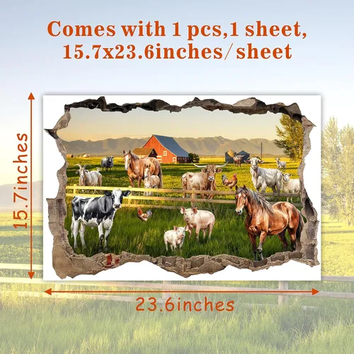 Vista 6 de Calcomanías de pared de animales de granja, mural de granja 3D, calcomanías de granja para despegar y pegar, calcomanías creativas falsas