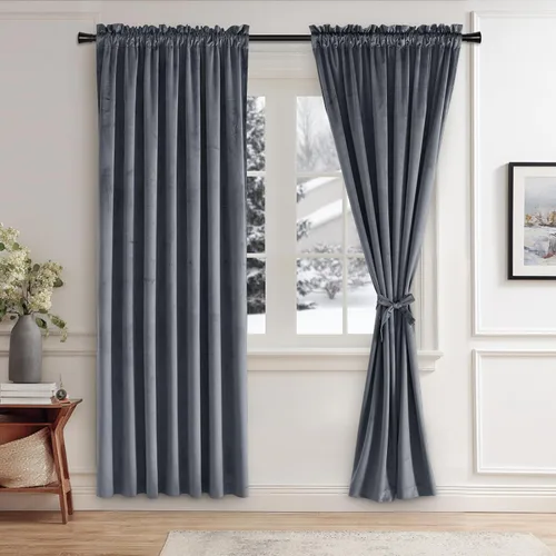 Vista 13 de JIUZHEN Cortinas de terciopelo beige de 63 pulgadas de ancho x 63 pulgadas de largo, cortinas de terciopelo retro suaves con bolsillo para barra
