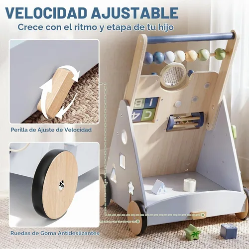 Vista 2 de Lehoo Castle Dinosaur Wooden Baby Walker, Adjustable Speed Baby Push Walker Blue