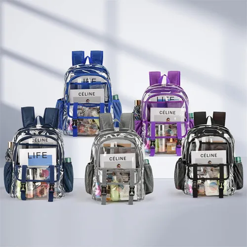 Vista 7 de KUI WAN Mochila transparente, bolsa transparente grande aprobada por el estadio, resistente PVC transparente transparente para la escuela