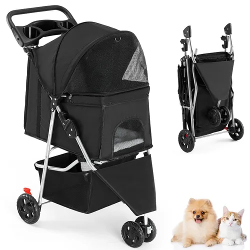 Vista 9 de DUMOS Cochecito de 3 ruedas para perros y gatos pequeños, cochecito plegable para perros con ventanas de malla, cesta de almacenamiento y soporte