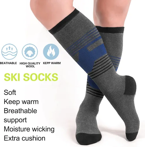Vista 3 de 2 pares de calcetines de esquí para mujer y hombre, calcetines de clima frío para esquí, snowboard, calcetines cálidos de invierno hasta la rodilla