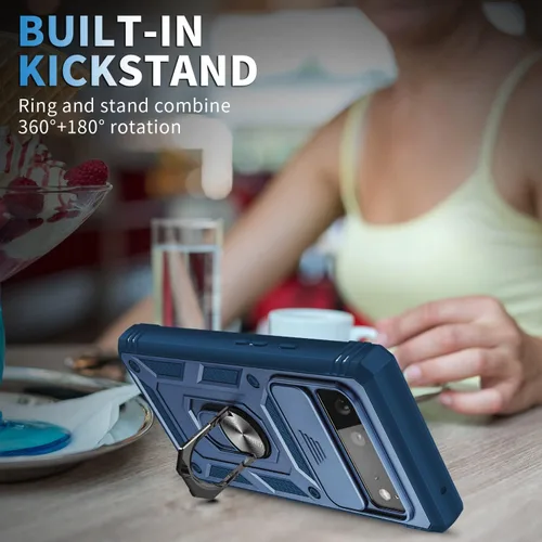 Vista 6 de Fetrim Funda para Google Pixel 6, Funda de teléfono con soporte de anillo de rotación para Google Pixel 6 - Azul