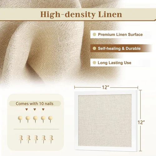 Vista 2 de Tablero de corcho de doble cara con lino, tablero de anuncios pequeño con marco de madera colgante de 12 x 12 pulgadas, kit de tablero de visión