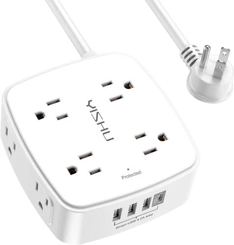 Vista 25 de Regleta de protección contra sobretensiones de 5 pies, 8 tomas amplias con 4 puertos USB, extensor de salida de 3 lados con cable de extensión de 5
