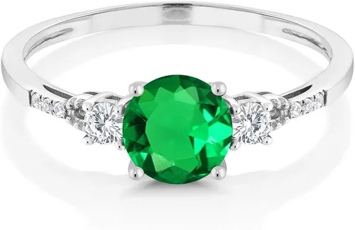 Vista 2 de Gem Stone King Anillo de compromiso de 3 piedras de oro blanco esmeralda simulada de zafiro y diamante de imitación para mujer