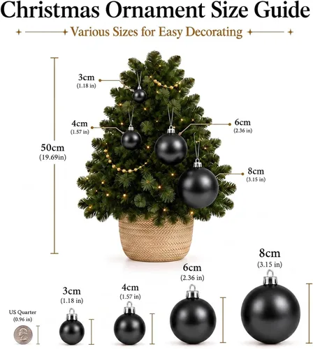 Vista 6 de XmasExp Juego de 24 mini esferas de Navidad inastillables para bolas de árbol de Navidad, 1.18 pulgadas (negro)