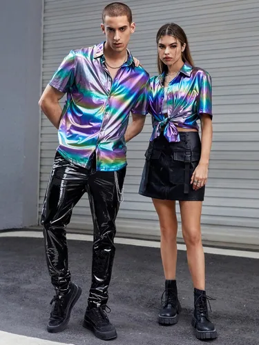 Vista 4 de WDIRARA Camisa metálica de manga corta con cuello y botones metálicos para hombre