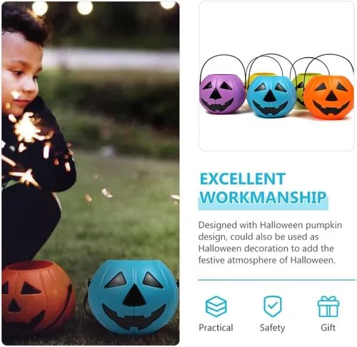 Vista 4 de Cubo de calabaza de Halloween con asa, soporte pequeño de plástico para dulces de calabaza para decoración y embalaje de fiesta de truco o trato
