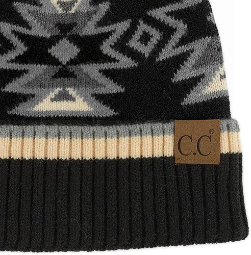 Vista 4 de C.C Southwest - Gorro de punto con pompón para mujer, unisex, elástico, suave, cálido, con piel sintética, gorro de invierno Azteca-negro