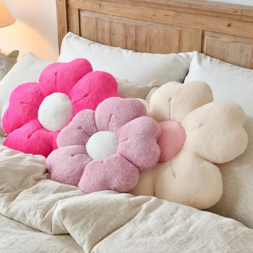 Vista 5 de Almohada en forma de flor, lindas almohadas decorativas con suave pelaje de conejo para sofá, cama, silla y suelo, almohadas de Navidad, cojines