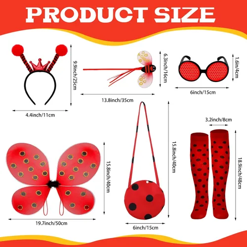 Vista 7 de Janmercy 7 piezas de vestido de mariquita para niñas con lunares tutú vestido de simulación de Halloween, fiesta de cumpleaños, regalo para niños